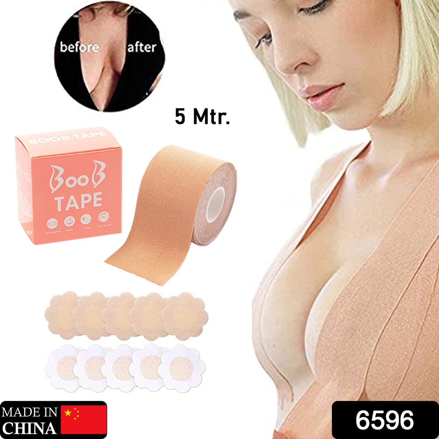 Wukusy Boob Tape with nipple covers, wide thin cotton breast lift tape for natural push-up and lifting support for all breast types