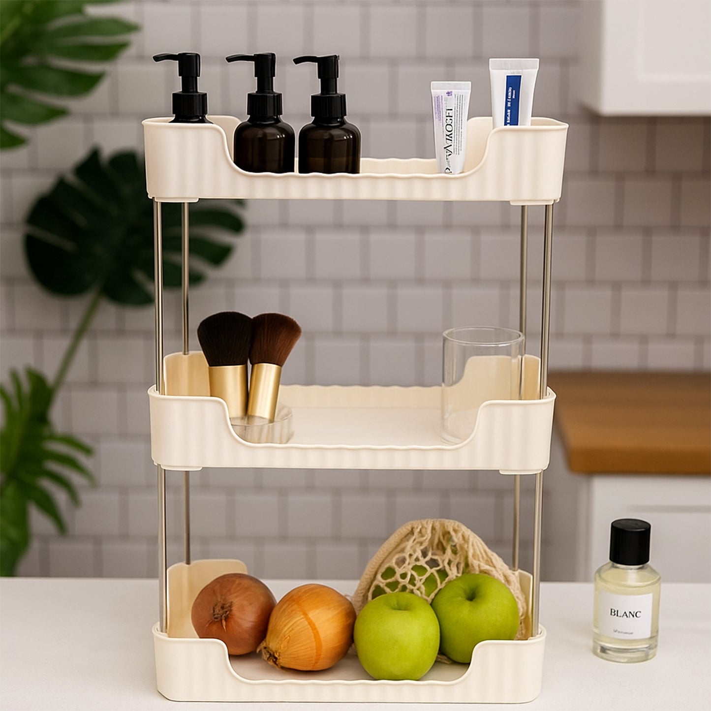 Wukusy 3-tier multipurpose storage organizer rack shelf for home and kitchen, with multiple levels for organization and storage.