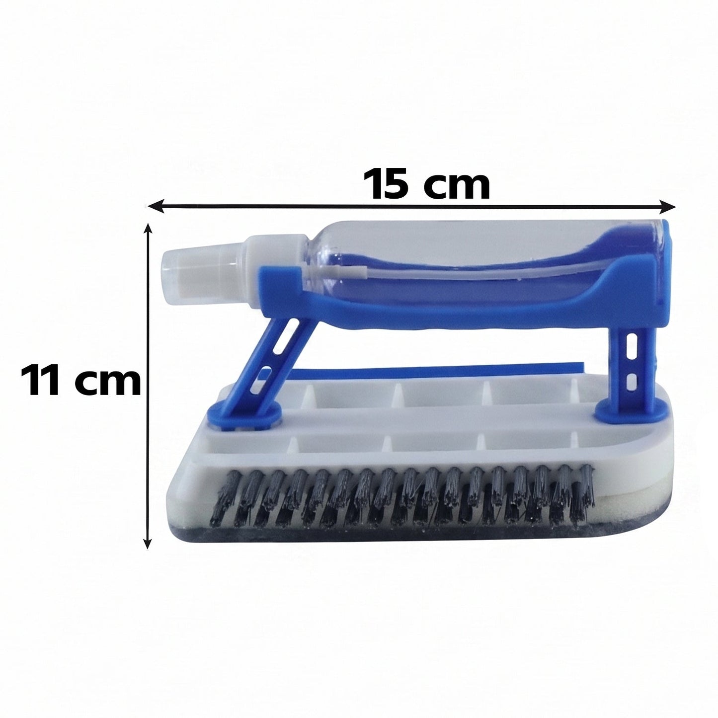 Wukusy 3-in-1 multi-purpose cleaning brush with soap dispenser, sponge, and scrubber for kitchen and bathroom cleaning tasks.