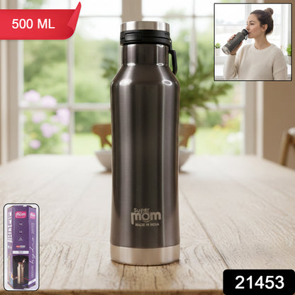 Wukusy Supermom 500ml stainless steel insulated hydro water bottle with vacuum flask, showing the sleek design and cap.