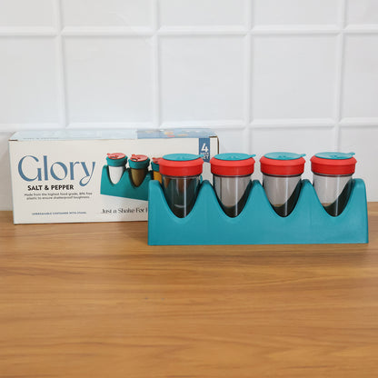 Wukusy 4-in-1 multipurpose spice shaker set with four compartments for salt, pepper, and spices, featuring clear containers and lids.