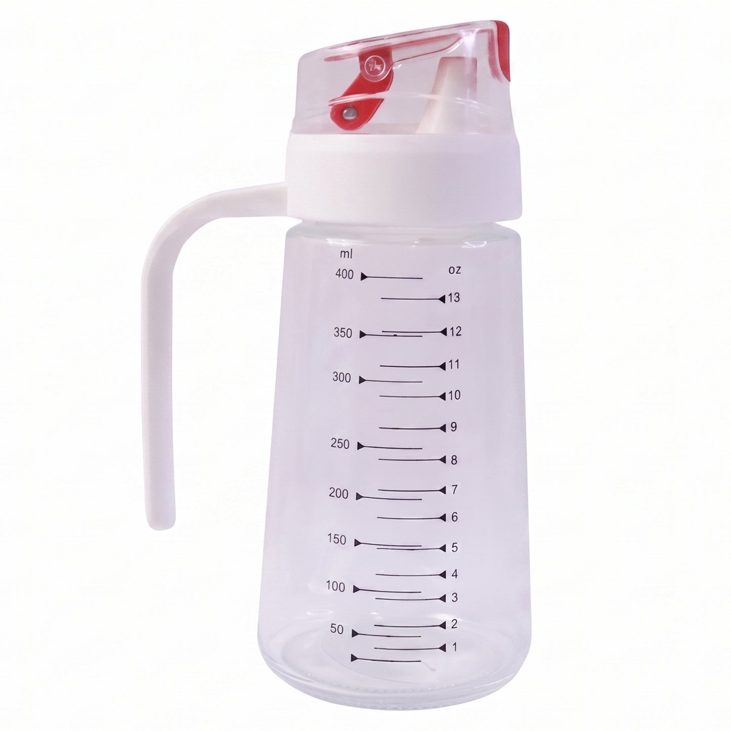 Wukusy glass oil dispenser bottle with auto-flip cap and side handle, 500ml capacity, clear and sleek for kitchen use