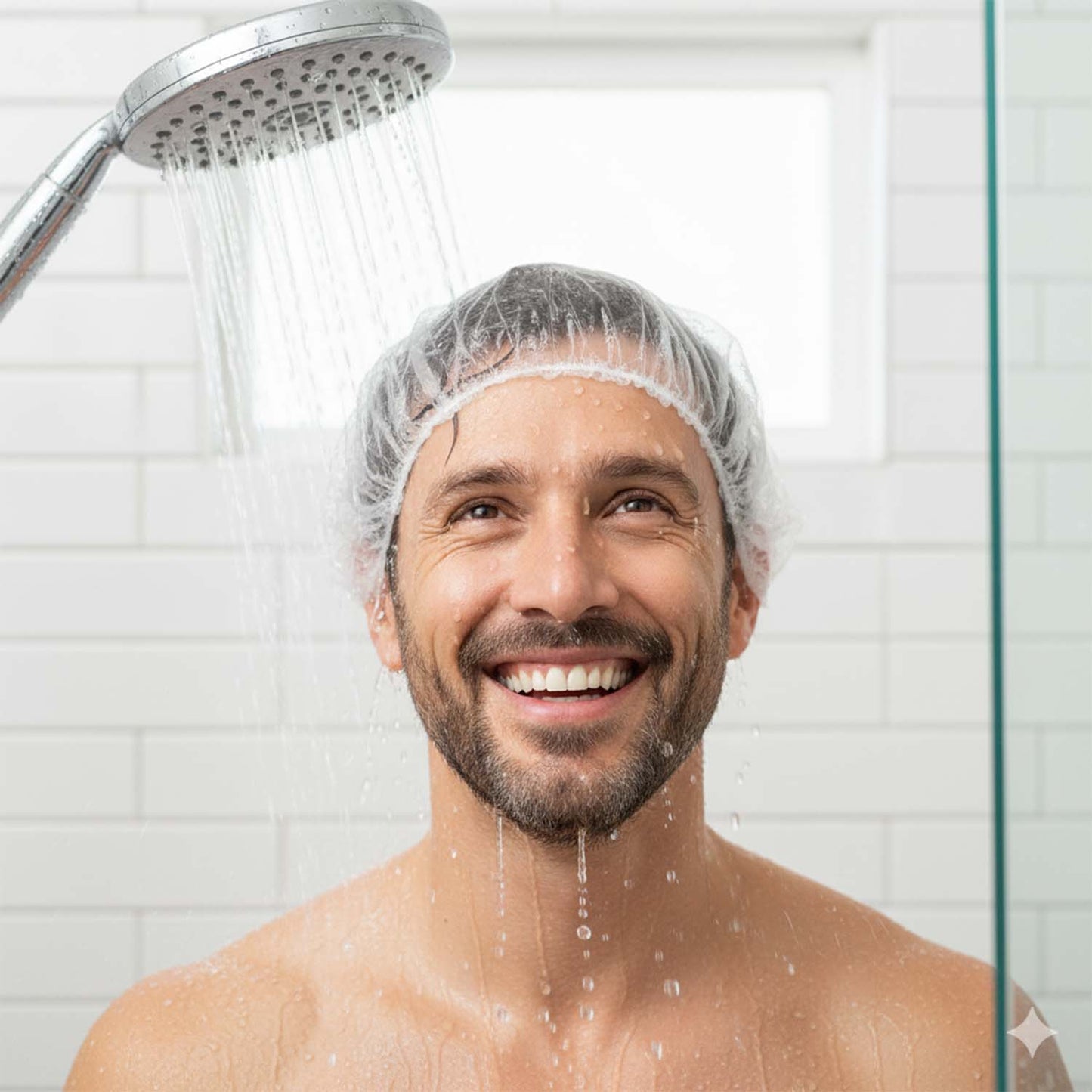 Disposable men's hair protection shower cap from Wukusy, showing five clear plastic head covers for shower use.