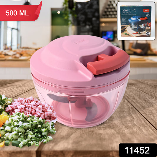 Wukusy Apex Power-x triple stainless steel blades and hand-pull vegetable chopper with 500ml container, shown with blades and chopper in use.
