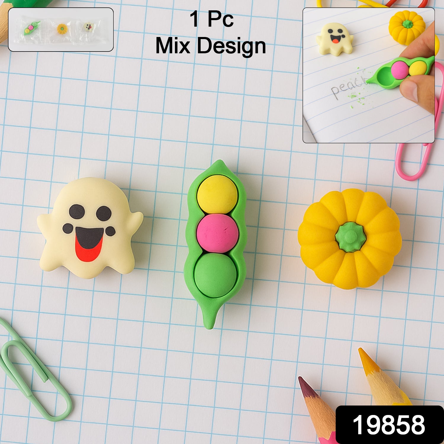Cute cartoon eraser by Wukusy featuring colorful mixed designs, perfect for office or school use.