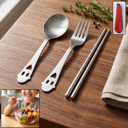 Wukusy stainless steel portable cutlery set with spoon, fork, chopsticks, and pouch, compact and lightweight for travel.