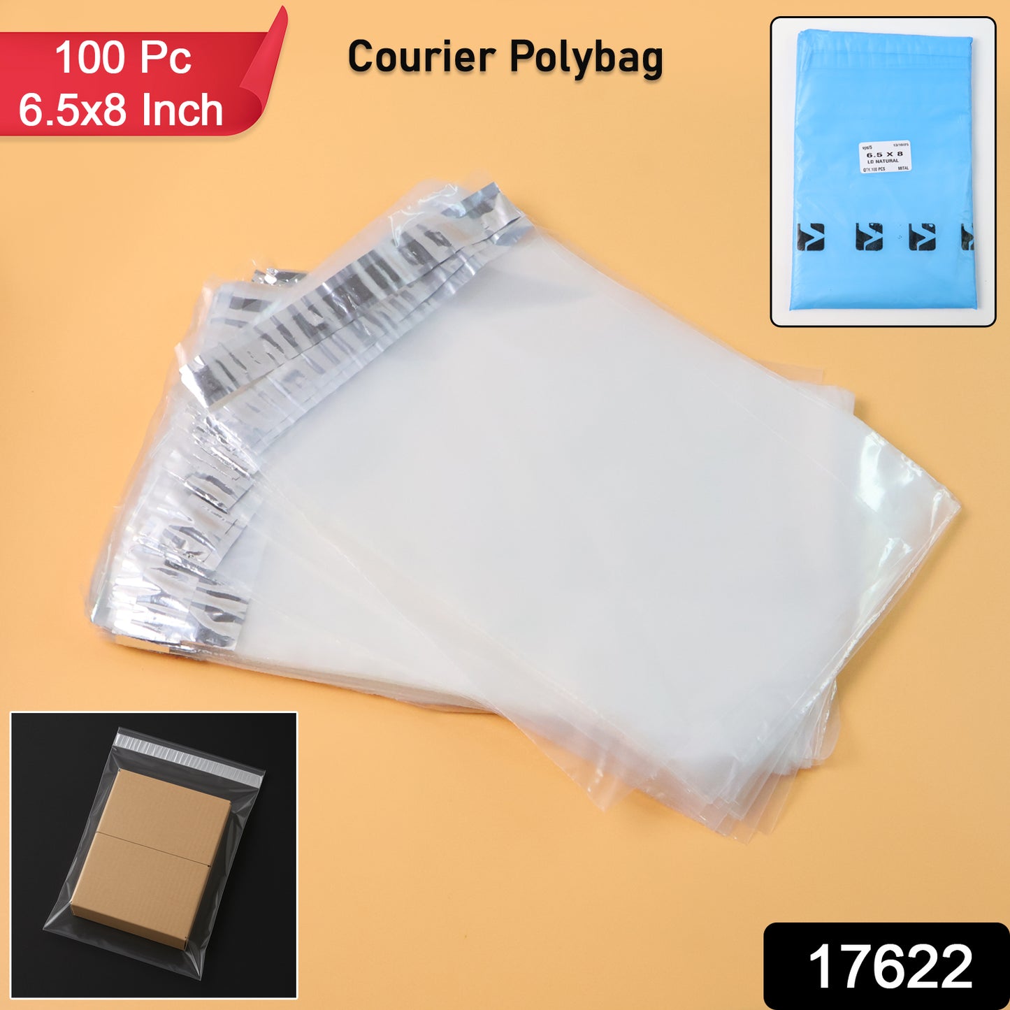 Self-adhesive courier polybags, 6.5x8 inches, Wukusy office supply, shown in a stack ready for shipping use.