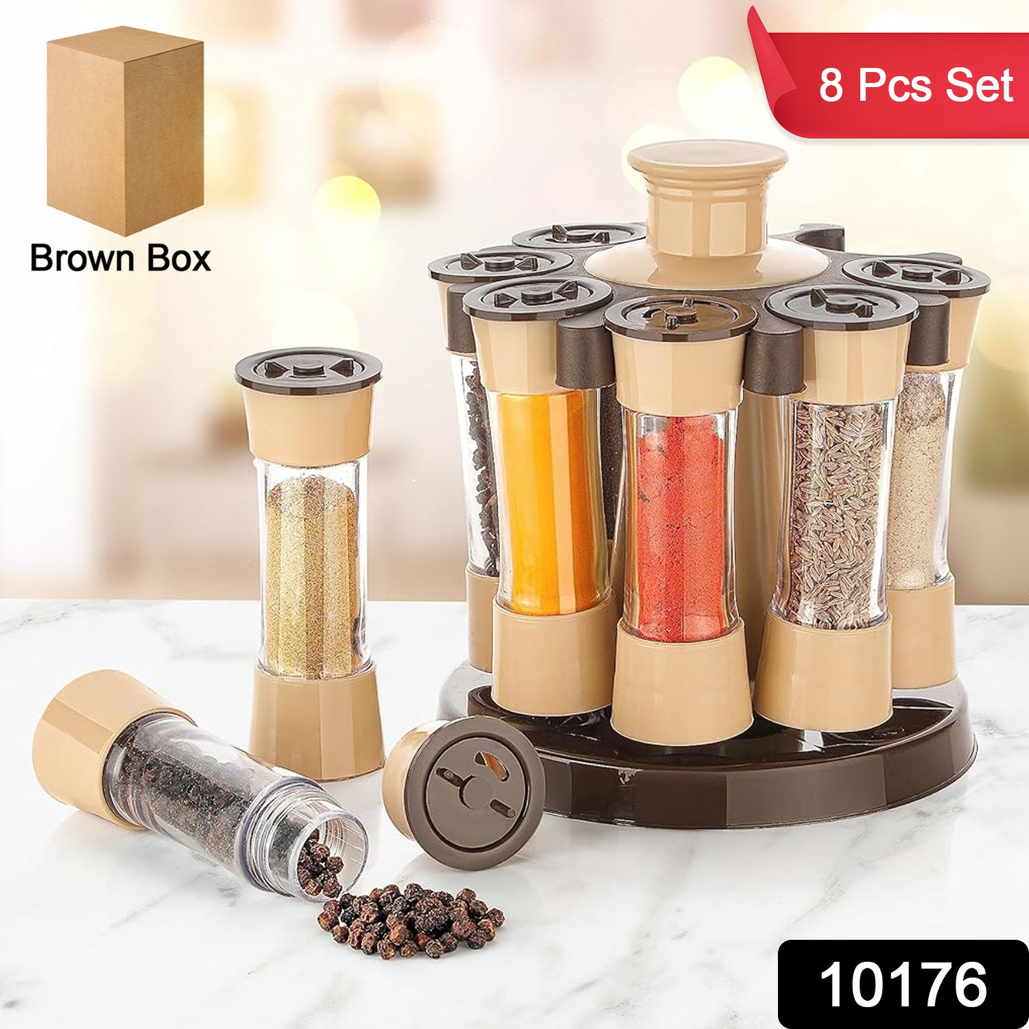 Wukusy 360 revolving spice rack with 8 spice jars, ideal for kitchen and dining table storage and organization