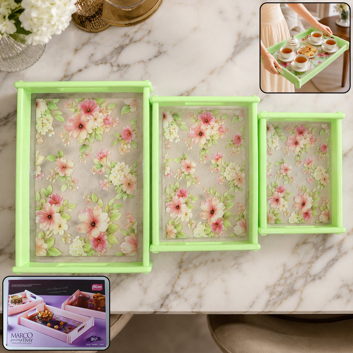 Wukusy Supermom floral printed 3-piece serving tray set with colorful floral designs on durable trays for versatile use