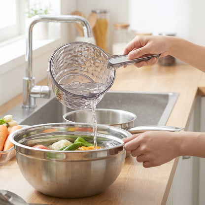 Transparent plastic water dipper scoop with handle, ideal for bathroom use, by Wukusy.