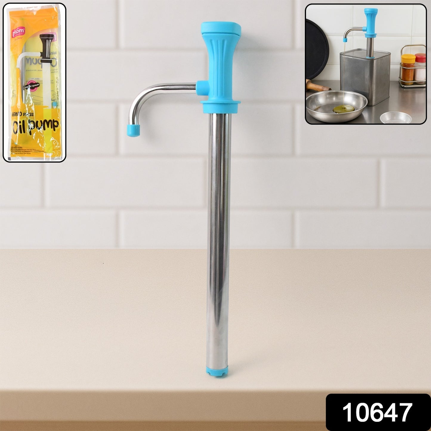 Wukusy Supermom manual stainless steel oil pump dispenser for kitchen, with a clear nozzle and ergonomic handle.