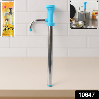 Wukusy Supermom manual stainless steel oil pump dispenser for kitchen, with a clear nozzle and ergonomic handle.