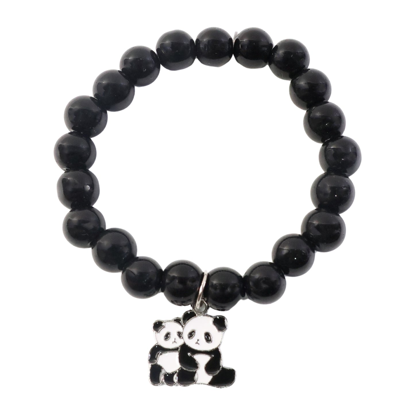 Black beaded stretch bracelet with a cute panda charm from Wukusy, featuring a stylish and playful accessory design.
