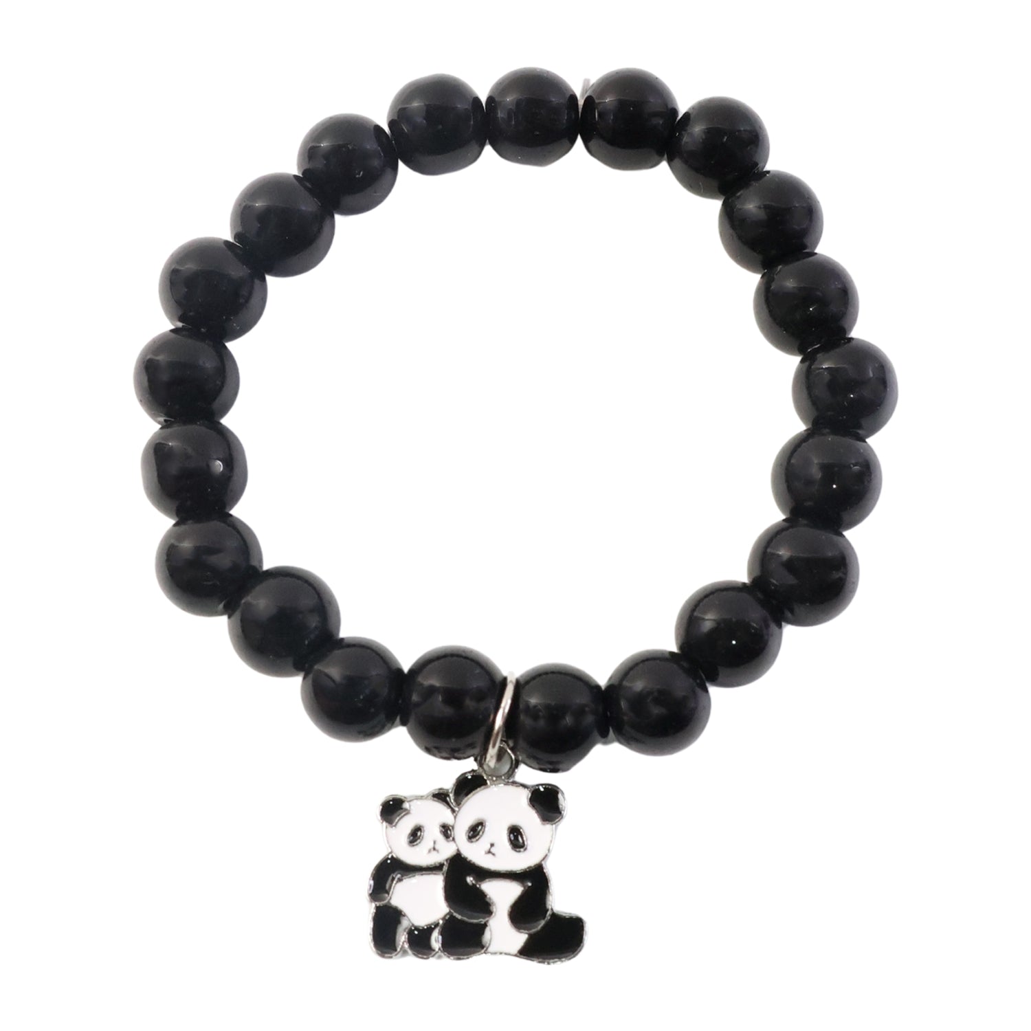 Black beaded stretch bracelet with a cute panda charm from Wukusy, featuring a stylish and playful accessory design.