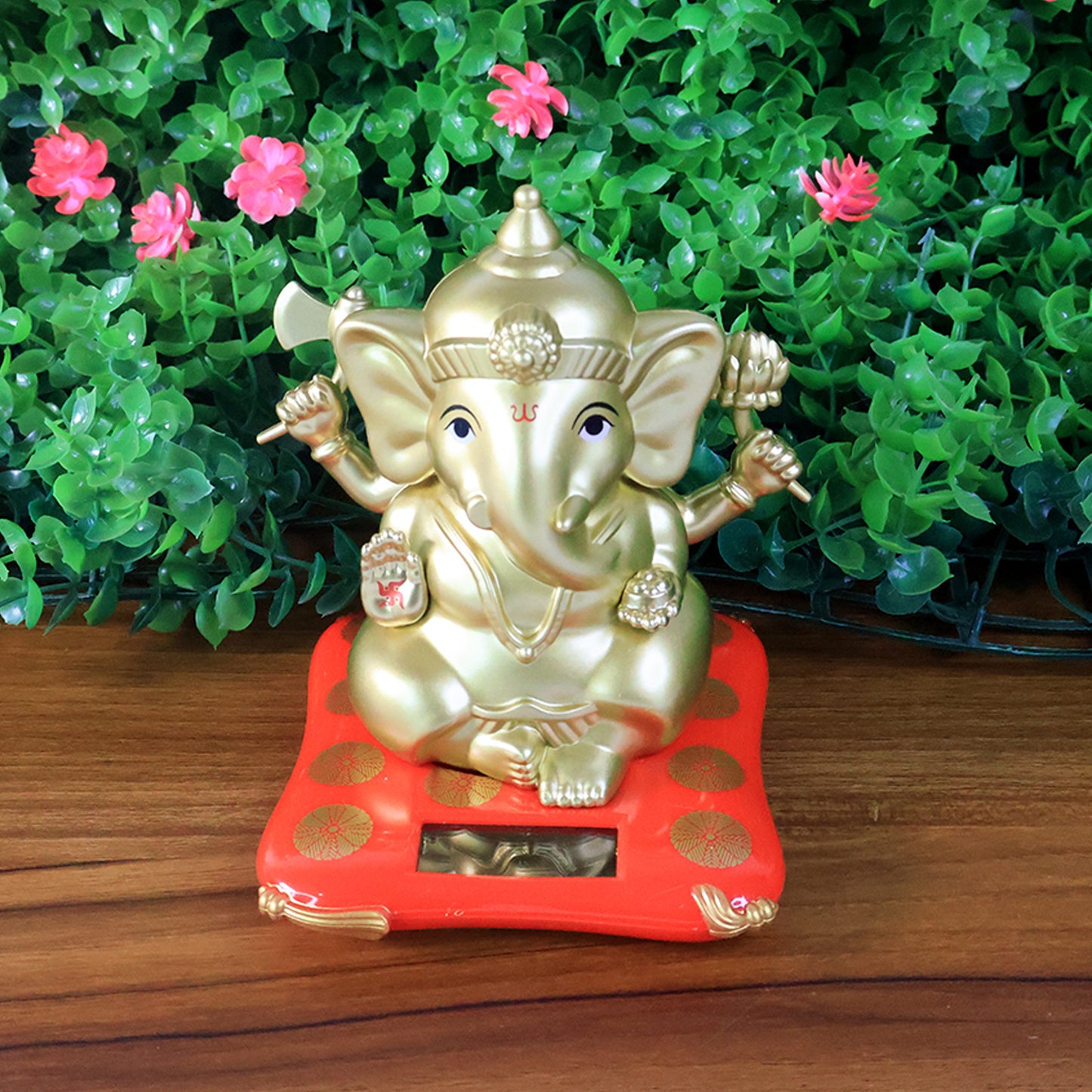 Large Lord Ganesha religious idol with solar-powered base, decorative home decor piece by Wukusy, showcasing intricate design and vibrant details.