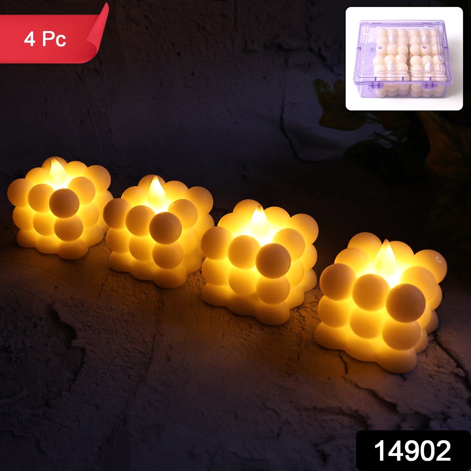 Set of four decorative LED bubble candles by Wukusy, designed for home decor with glowing, bubble-like LED lights.