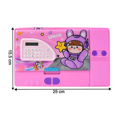 Wukusy space-themed multi-functional pencil box with built-in calculator, showing the open case with pencils and stationery inside.