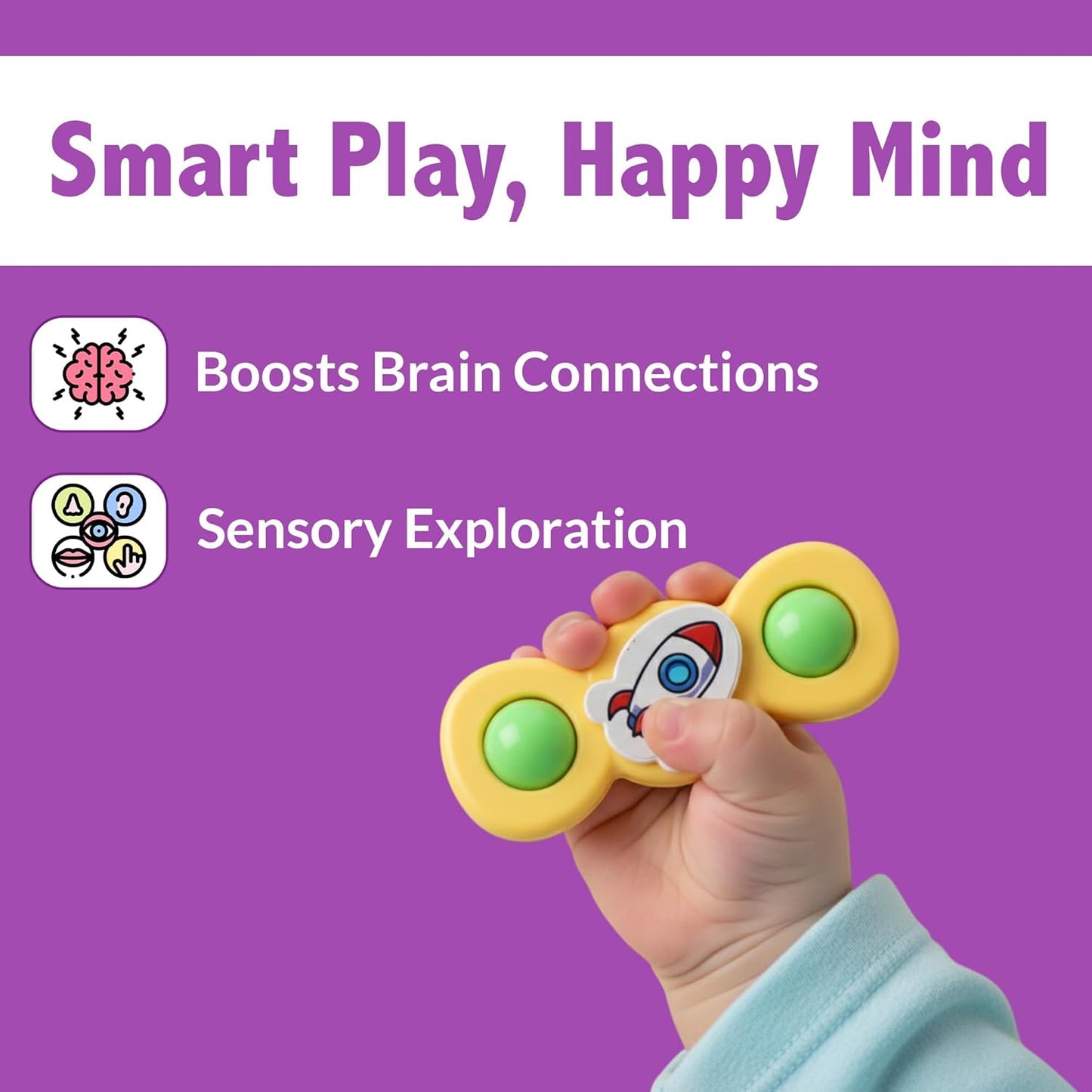 Colorful baby spinner toy set with suction cups, featuring three sensory spin toys for infants by Wukusy.
