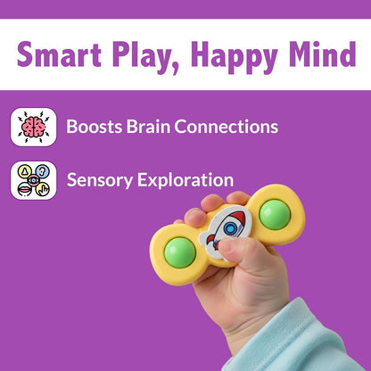 Colorful baby spinner toy set with suction cups, featuring three sensory spin toys for infants by Wukusy.