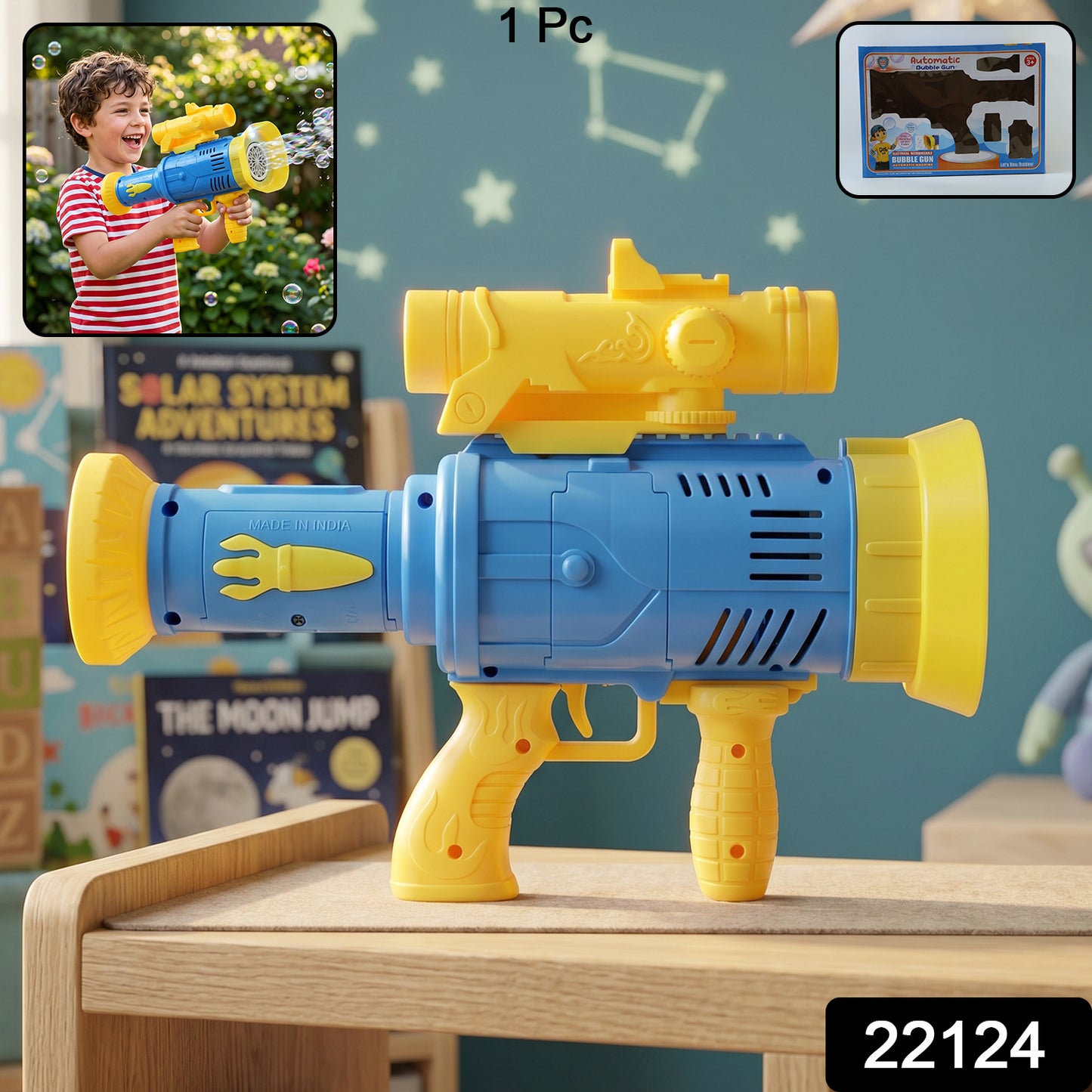 Wukusy automatic rechargeable bubble gun toy for kids with built-in lights, bubble maker, colorful plastic design, ready to create bubbles