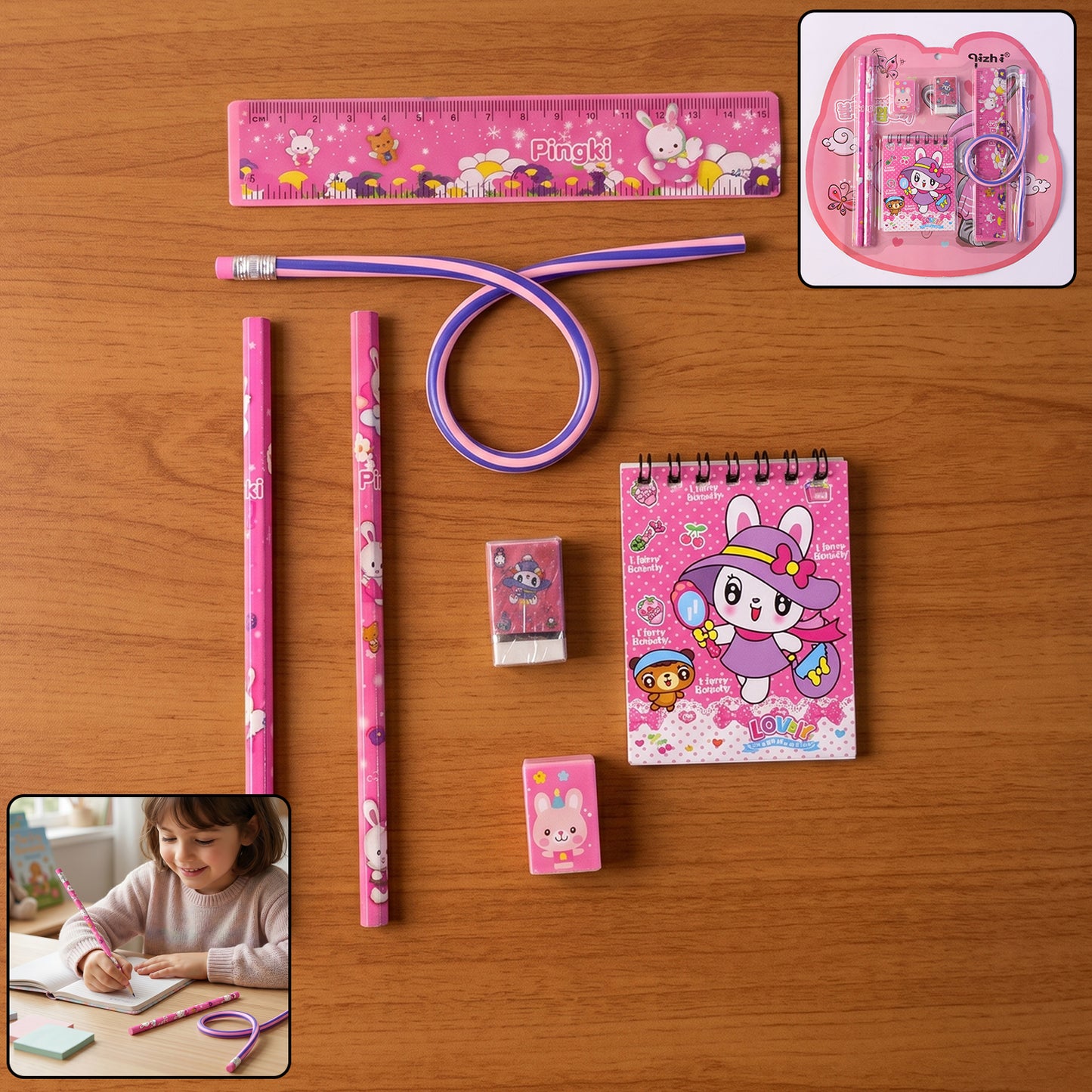 Wukusy 7-in-1 pink stationery set including ruler, pencil, eraser, notebook, and sharpener on a white background.