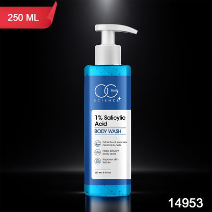 Wukusy Og Beauty Science Salicylic Acid Body Wash in 250ml bottle, showing the clear liquid and product label on the packaging.