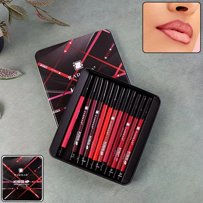 Set of 12 Wukusy matte lipstick pencils with vibrant shades, arranged in a colorful display.