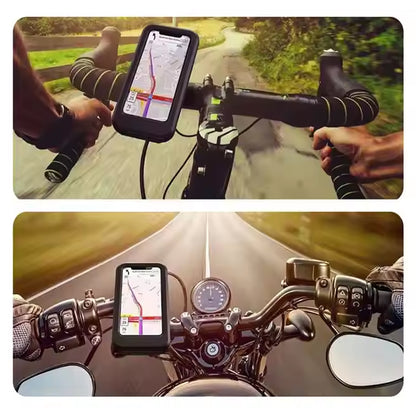 Wukusy 360 rotation bike phone mount waterproof cell phone holder attached to a bicycle handlebar, secure for outdoor riding.