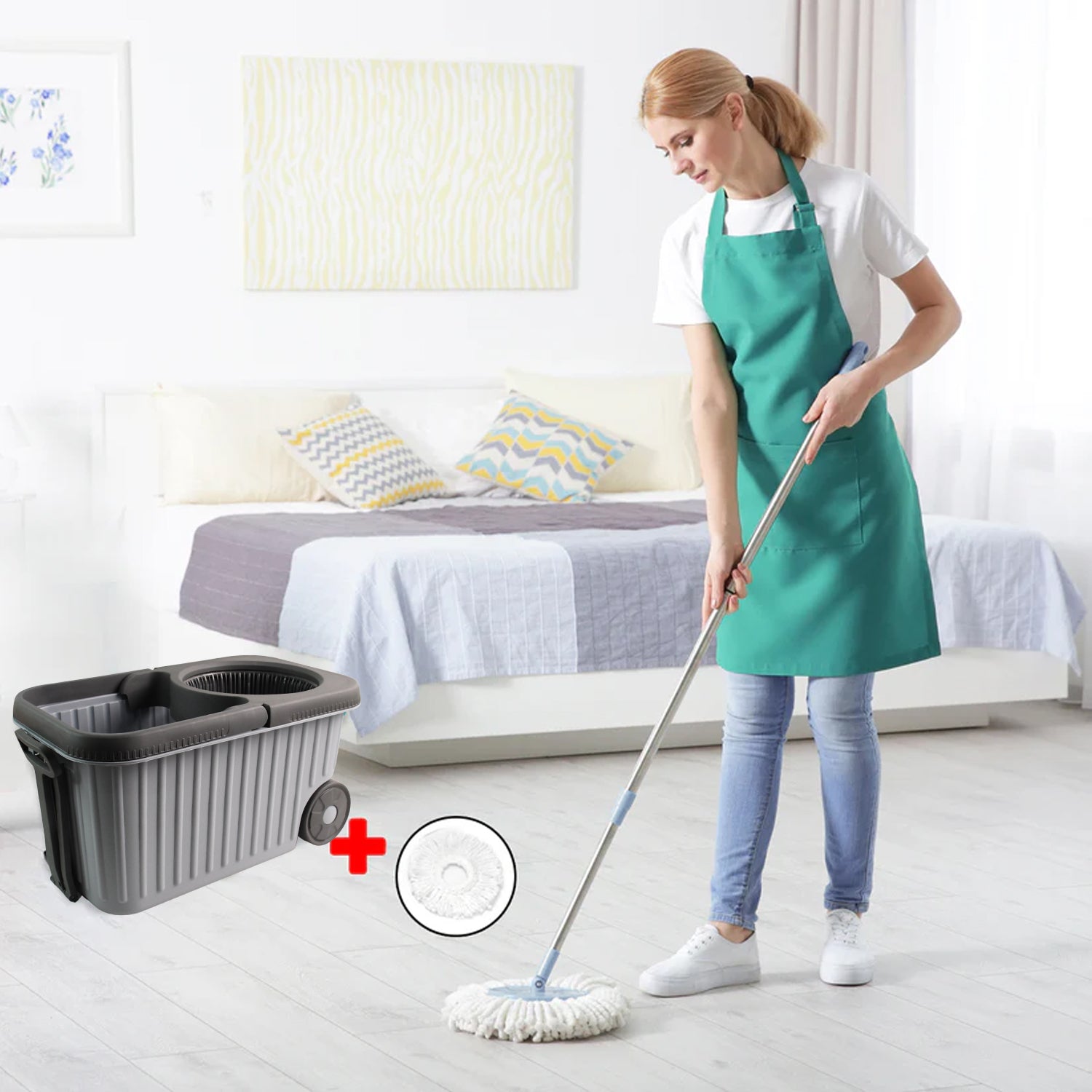 Wukusy Apex Magic Spin Mop Cleaning Set with dual chamber bucket and wheels, featuring a microfiber mop head and ergonomic handle.