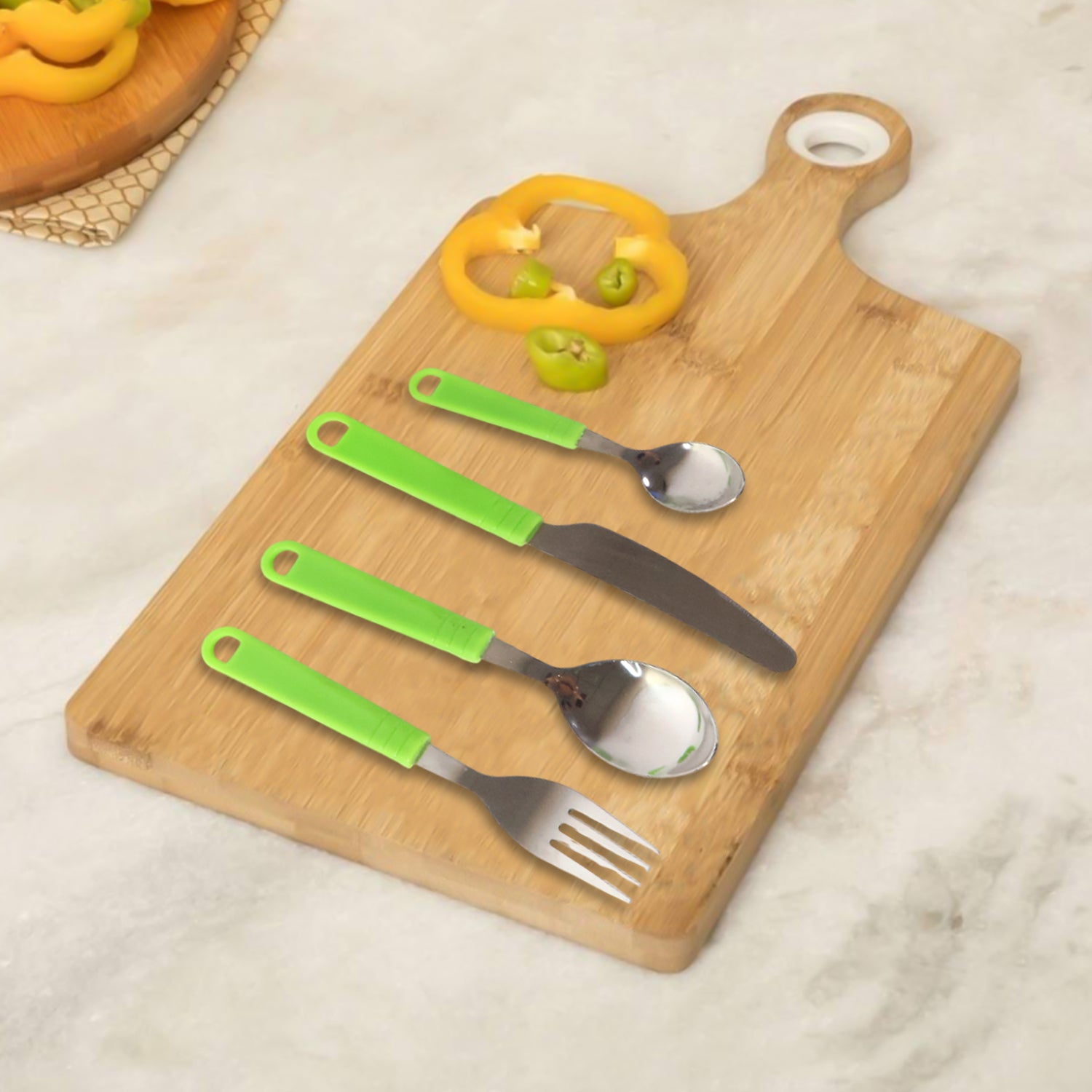 Wukusy 24-piece stainless steel cutlery set with matching stand, includes knives, forks, spoons for home and kitchen use.