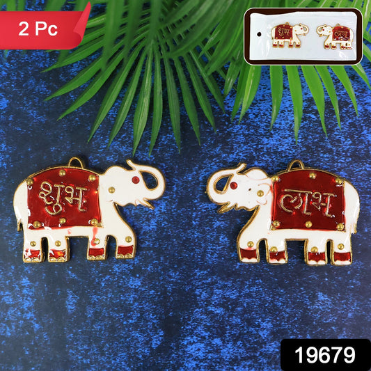 Wukusy Shubh Labh elephant decorative wall hangings, set of 2, traditional home decor with intricate designs and vibrant colors.
