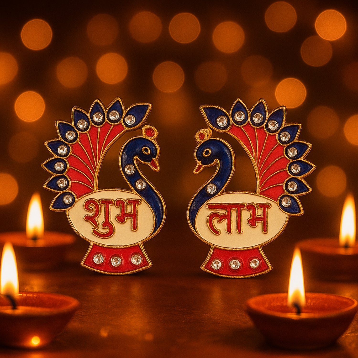 Decorative peacock design Shubh Labh wall hanging from Wukusy, 2-piece home decor set with intricate craftsmanship.