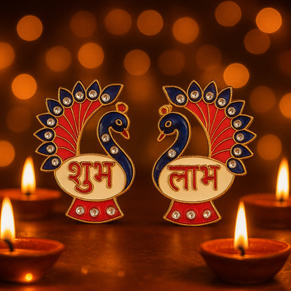 Decorative peacock design Shubh Labh wall hanging from Wukusy, 2-piece home decor set with intricate craftsmanship.