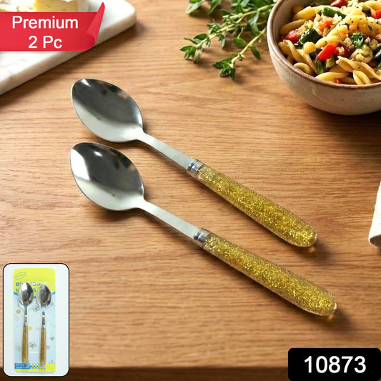 Wukusy premium stainless steel dining spoon set with two spoons, featuring polished handles and rounded spoon bowls for serving and eating.