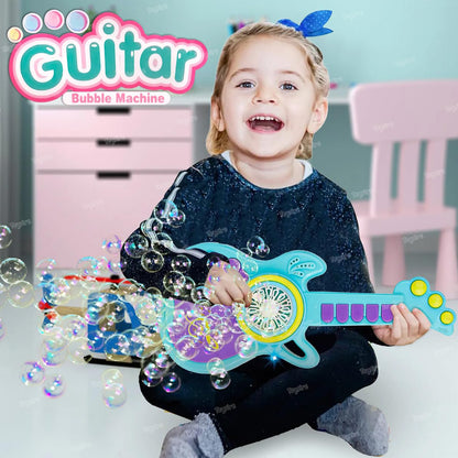 Wukusy electric automatic guitar-shaped bubble machine toy producing bubbles, designed for kids' outdoor play and entertainment.