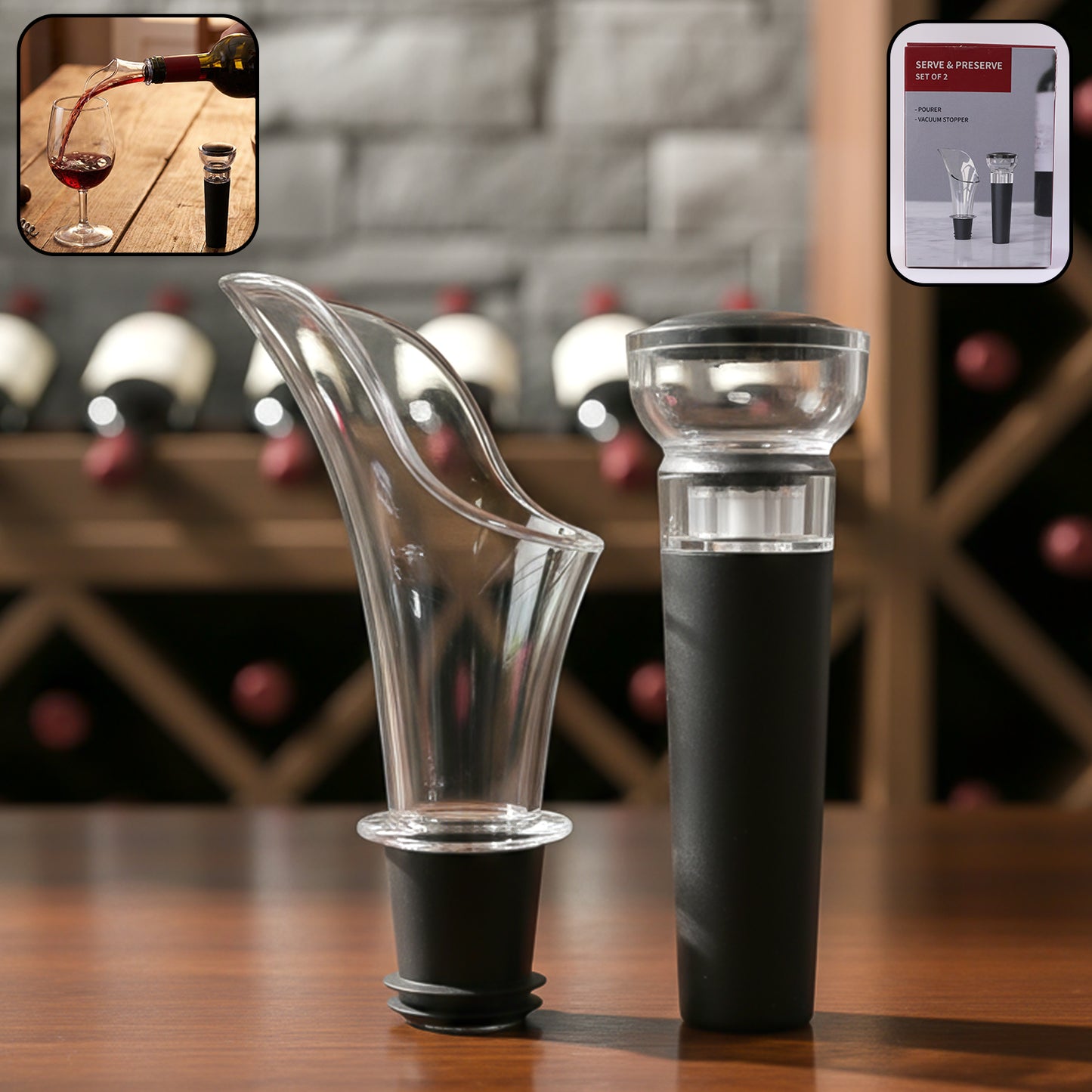 Wukusy premium wine pourer and vacuum bottle stopper set, including two stainless steel wine pourers with black silicone stoppers.