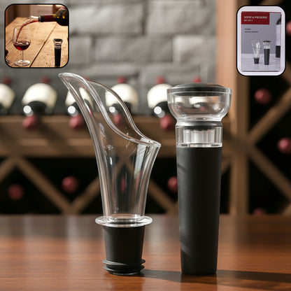 Wukusy premium wine pourer and vacuum bottle stopper set, including two stainless steel wine pourers with black silicone stoppers.