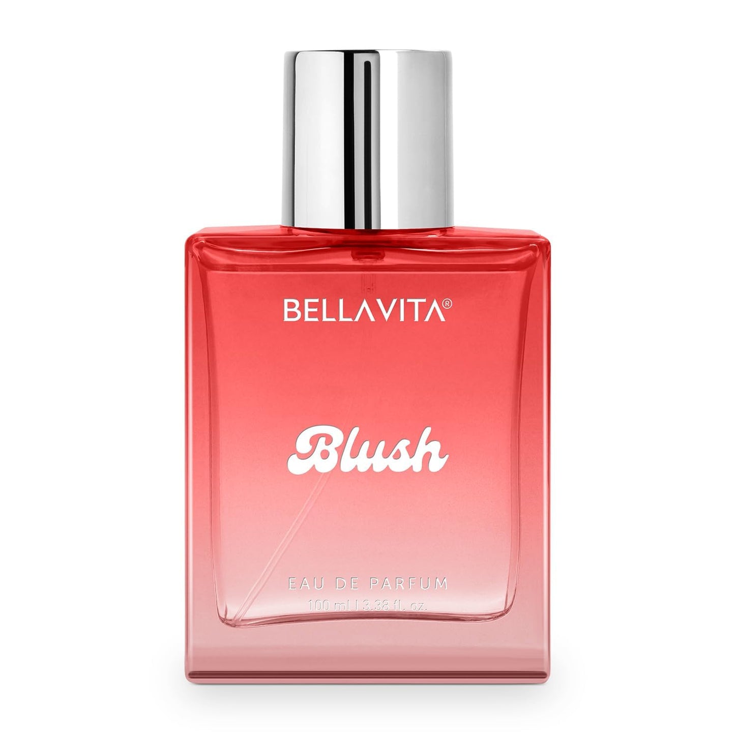 Bellavita Premium Blush Eau De Perfume bottle by Wukusy, 100ml, elegant glass bottle with blush pink liquid and floral accents.
