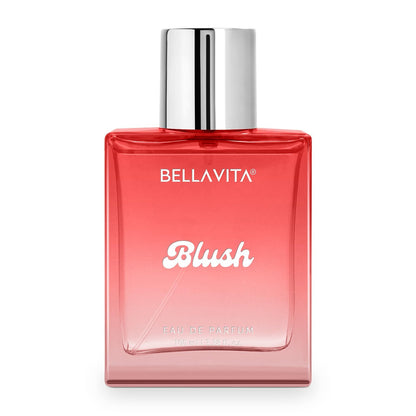 Bellavita Premium Blush Eau De Perfume bottle by Wukusy, 100ml, elegant glass bottle with blush pink liquid and floral accents.