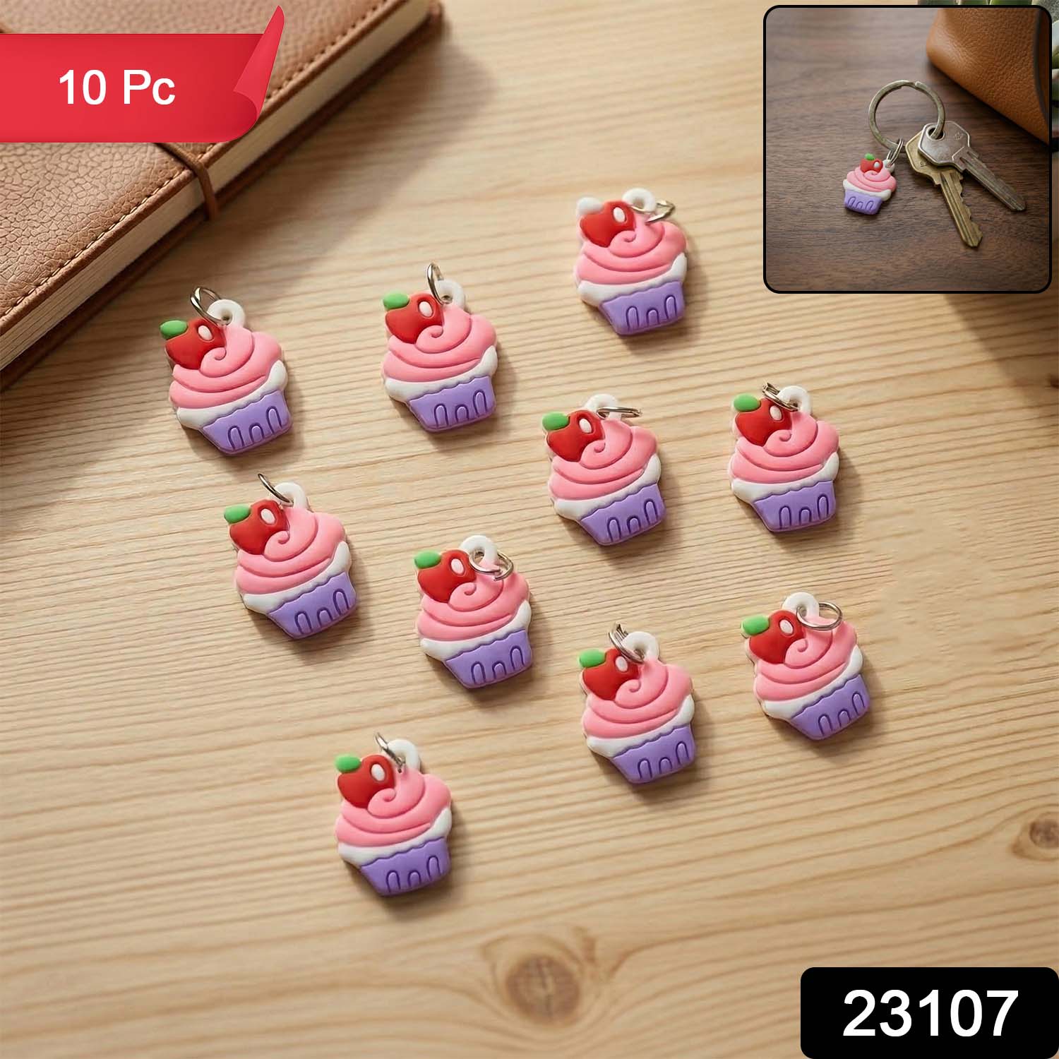Set of 10 cute cupcake-shaped bag charm keychains by Wukusy, featuring colorful, detailed cupcake designs on a keyring.