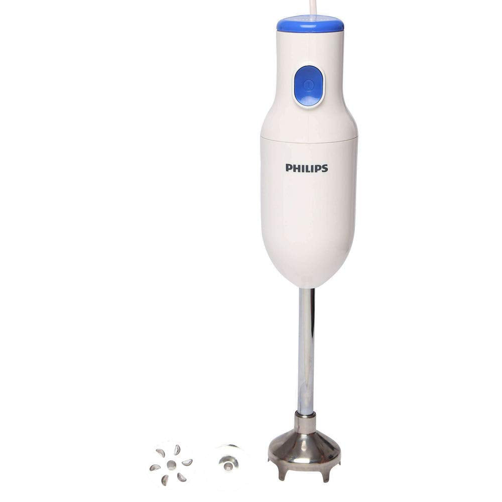 White Philips HL1655/00 250W hand blender by Seasons with a sleek design, shown in a close-up image.