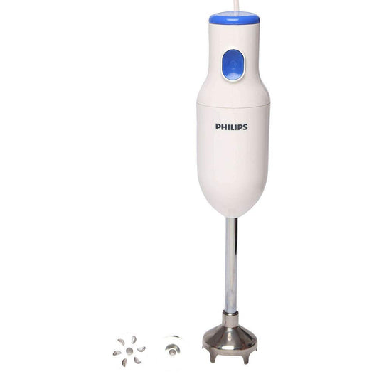 White Philips HL1655/00 250W hand blender by Seasons with a sleek design, shown in a close-up image.