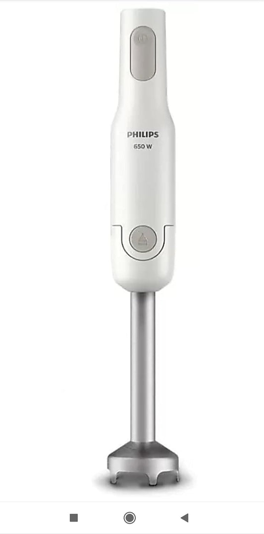 White Philips HL1600 650W hand blender with ergonomic grip and blending attachments for smooth mixing and pureeing.