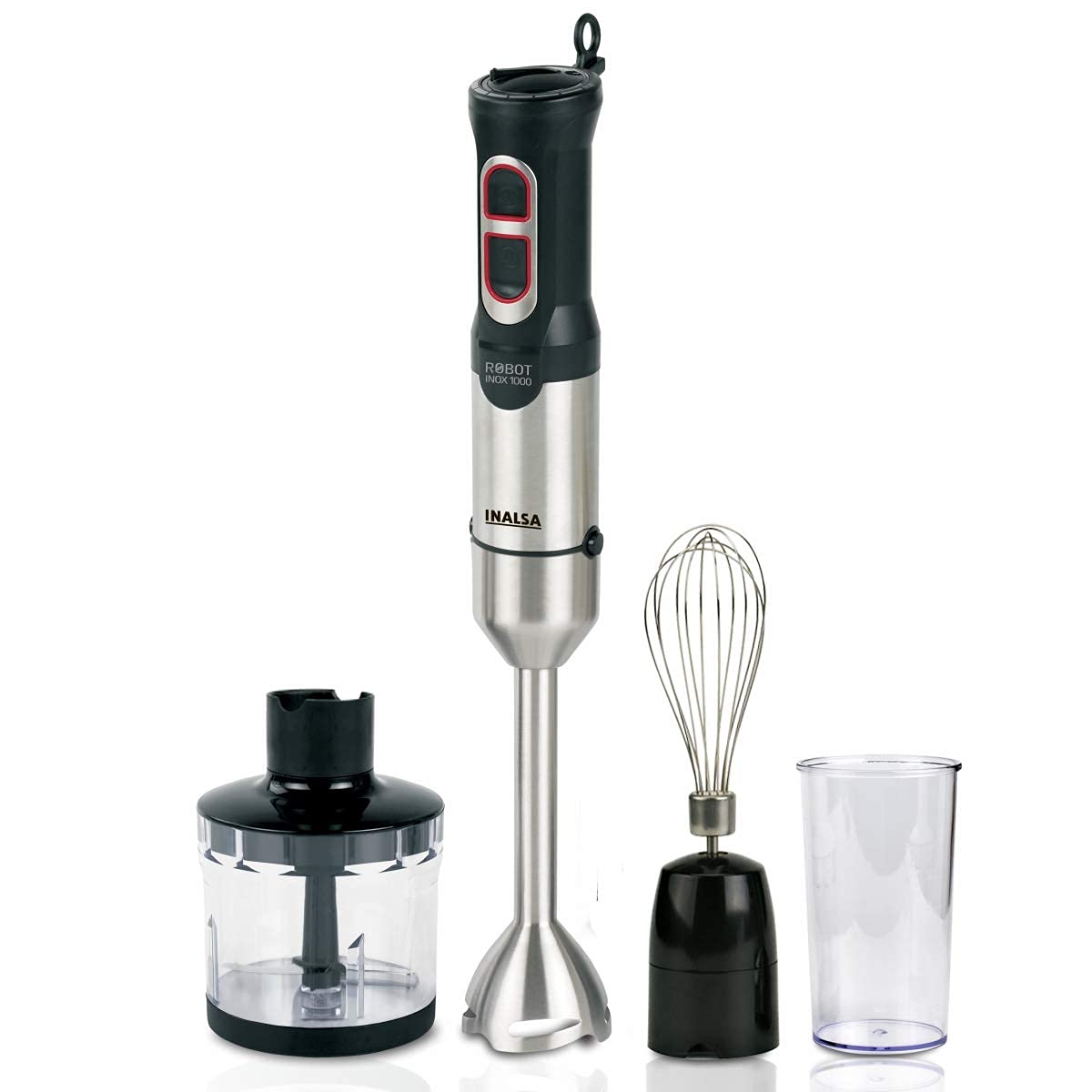 Seasons Inalsa Robot Inox 1000 hand blender with chopper, silver and black color, featuring a powerful 1000W DC motor and sleek design.
