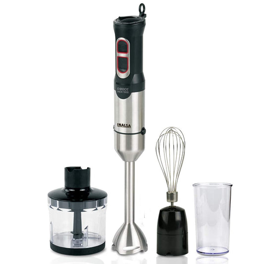 Seasons Inalsa Robot Inox 1000 hand blender with chopper, silver and black color, featuring a powerful 1000W DC motor and sleek design.