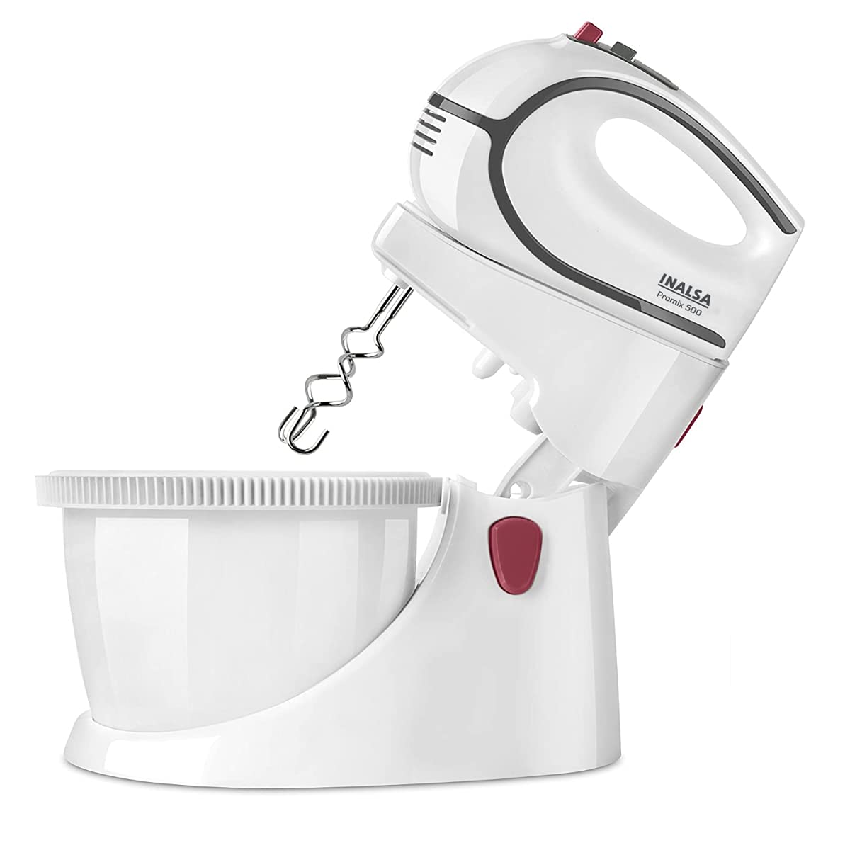 Seasons Inalsa Promix 500 500W white and grey hand blender with blending arm and attachments on a kitchen countertop.