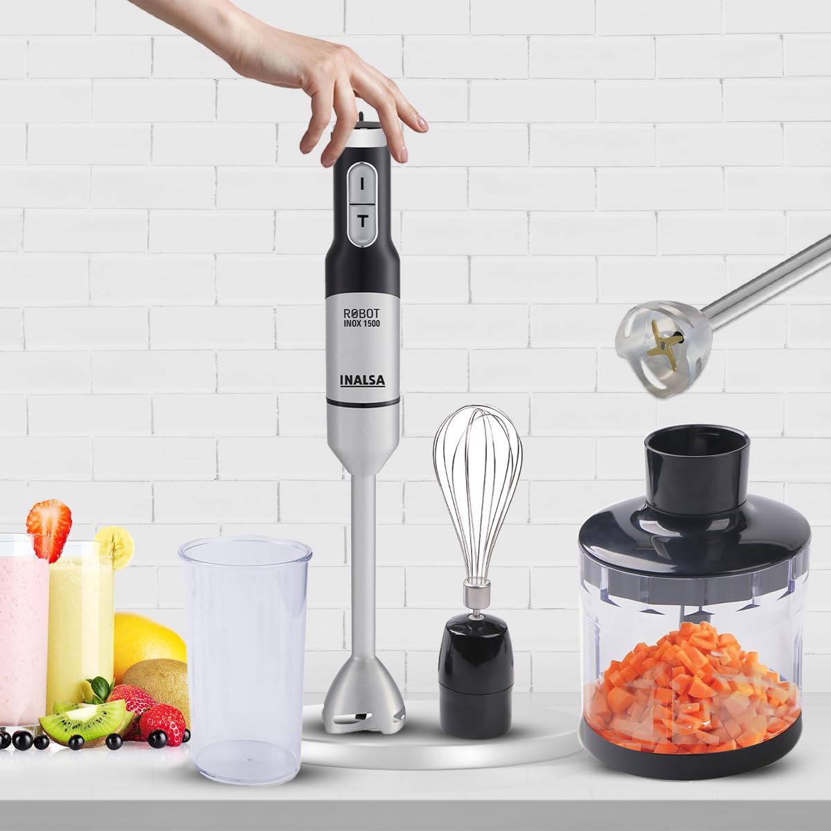 Black and silver Inalsa Robot Inox 1500W hand blender by Seasons with ergonomic grip and stainless steel blending shaft.