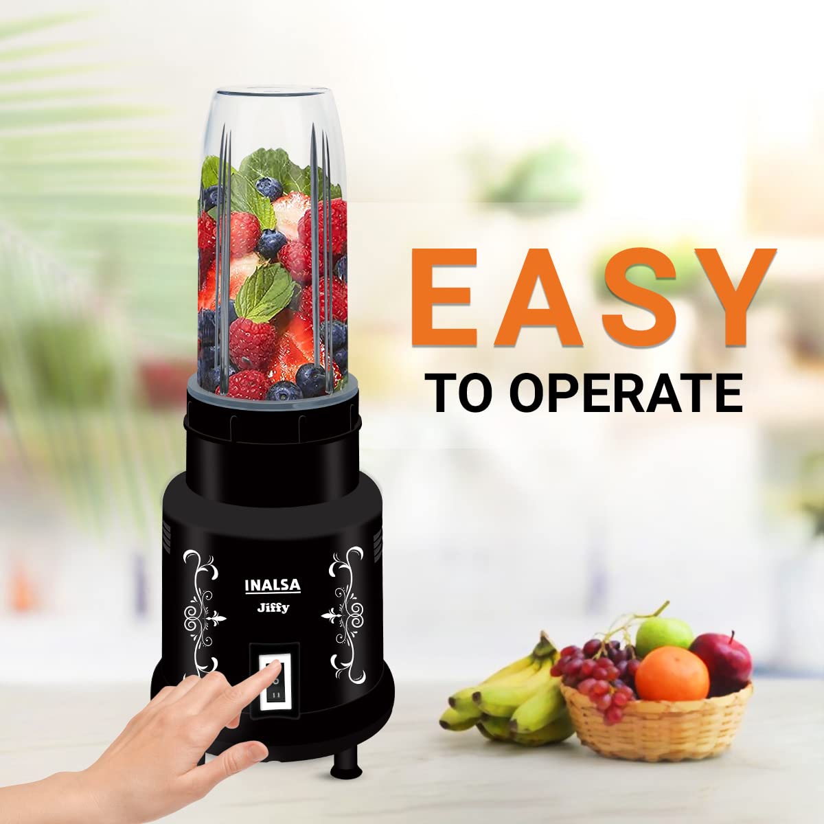 Seasons Inalsa Nutri Mixer-Jiffy hand blender with black body, 400W motor, two multipurpose jars, and juicer grinder attachment.