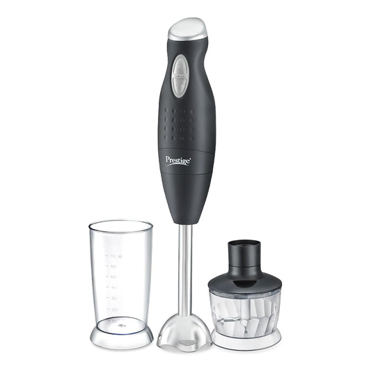 Seasons Prestige PHB 6.0 200W black hand blender with ergonomic handle and blending attachments on a kitchen counter.