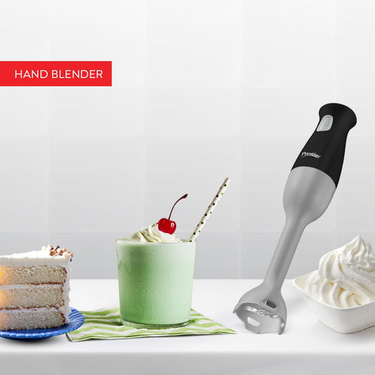 Seasons Prestige 41052 250W silver and black hand blender with stainless steel blending arm and ergonomic handle.